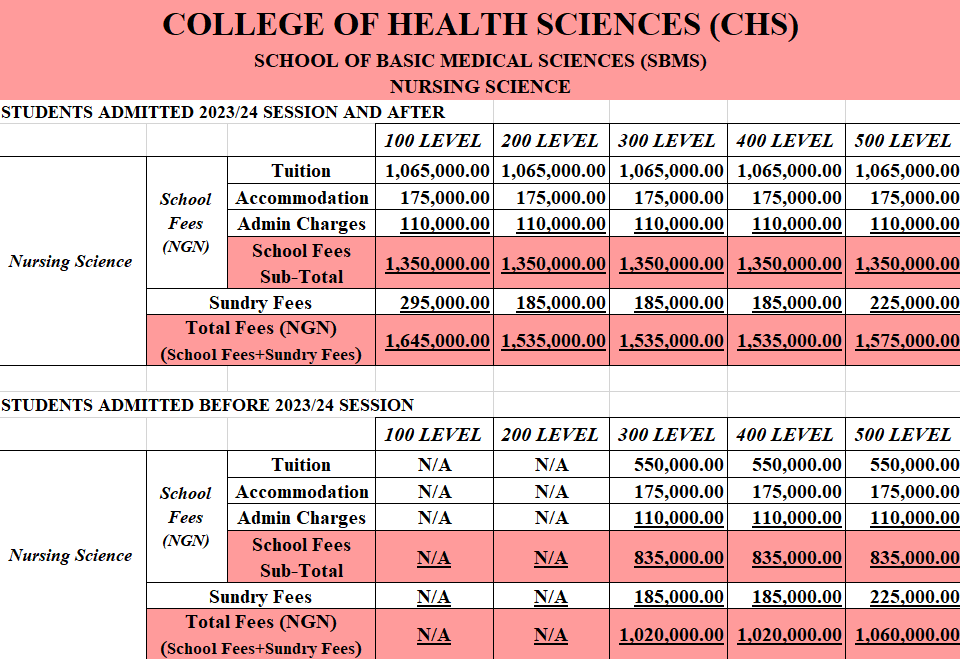 Nursing fee structure